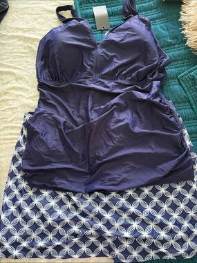 Navy Tankini and Skirt 2 Piece Swim Dress with Patterned Skirt NWT